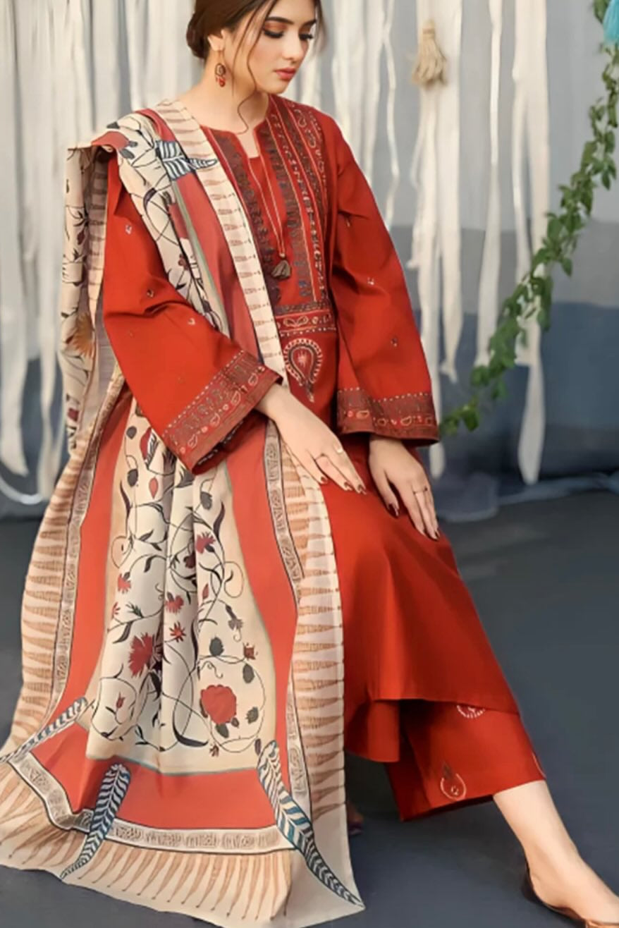 UROOJ  EMB 3Pc With MONAR DUPPATA - Desi Rang