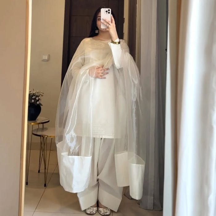 SILK WHITE LUXURY 3PC WITH FARSHI SHALWAR - Desi Rang